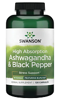 High Absorption Ashwagandha & Black Pepper Featuring Bioperine (Ашваганда с высоким поглощением и черный перец с биоперином) 120 капсул (Swanson)