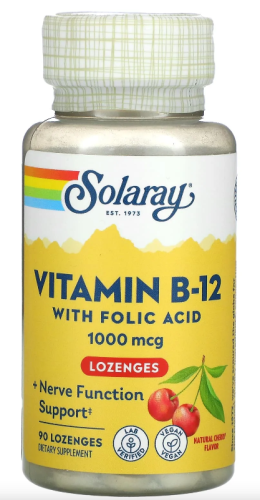 B-12 with Folic Acid (Витамин B-12 с фолиевой кислотой) вишня 1000 мкг 90 леденцов (Solaray)