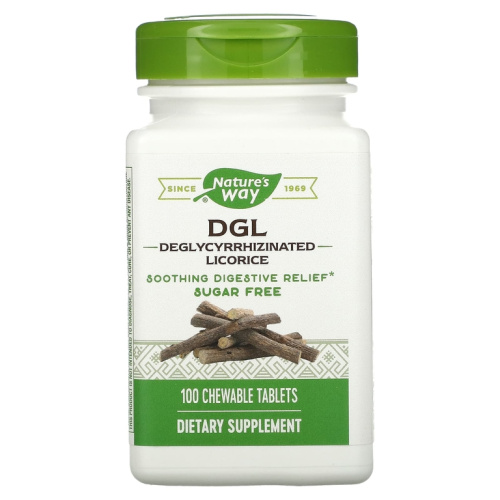 DGL Deglycyrrhizinated Licorice Extract Licorice Flavored (глицирризинат солодки (экстракт) ароматизатор солодки) 100 жевательных таблеток (Nature's Way) DGL Deglycyrrhizinated Licorice Extract Licorice Flavored (глицирризинат солодки (экстракт) ароматизатор солодки) 100 жевательных таблеток (Nature's Way)