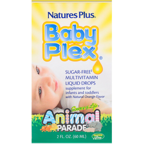 Source of Life Animal Parade Baby Plex жидкие мультивитаминные капли без сахара с натуральным вкусом апельсина 60 мл (Natures Plus)