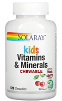 Kids Vitamins & Minerals Chewable (Детские витамины и минералы) вкус натуральной черной вишни 120 жев. таблеток  (Solaray)