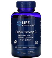 Super Omega-3 EPA/DHA Fish Oil Sesame Lignans & Olive Extract 120 кишечнорастворимых капсул (Life Extension)