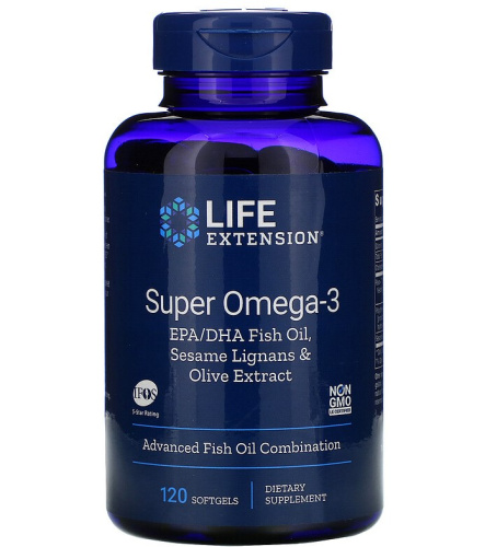 Super Omega-3 EPA/DHA Fish Oil Sesame Lignans & Olive Extract 120 кишечнорастворимых капсул (Life Extension)