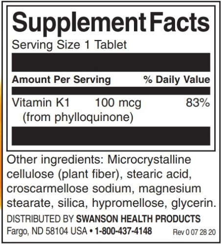 Vitamin K-1 (Витамин К-1) 100 мкг 100 таблеток (Swanson) фото 2