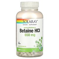 High Potency Betaine HCl with Pepsin (высокоэффективный бетаина гидрохлорид с пепсином) 650 мг 250 капсул (Solaray)