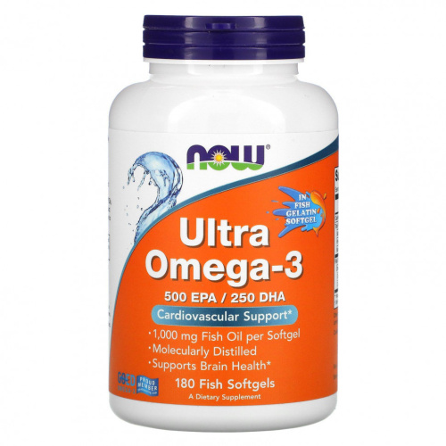 Ultra Omega 3 (ультра омега-3) 500 ЭПК / 250 ДГК 180 капсул из рыбьего желатина (NOW)