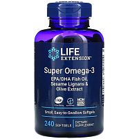 Super Omega-3 EPA/DHA Fish Oil Sesame Lignans & Olive Extract 240 капсул (Life Extension)