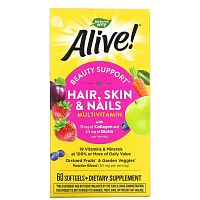 Alive! Hair, Skin & Nails Gummy (добавка для волос, кожи и ногтей) 60 капсул (Nature's Way)