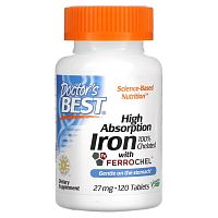 High Absorption Iron (легкоусвояемое железо) 100% Chelated with Ferrochel 120 таблеток (Doctor's Best)