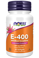 Vitamin E-400 With Mixed Tocopherols (витамин E-400 со смешанными токоферолами) 268 мг (400 МЕ) 50 гелевых капсул (NOW)
