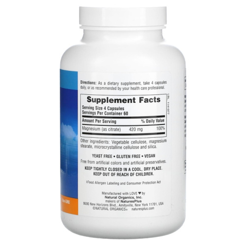 KalmAssure Magnesium Citrate (Магний цитрат) 420 мг 240 веганских капсул (105 мг на капсулу) (NaturesPlus) фото 2