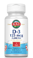 D-3 (Витамин D-3) мята 125 мкг 5000 МЕ 60 жевательных таблеток (KAL)