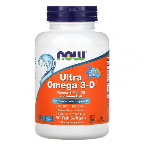 Ultra Omega 3-D (ультраомега-3) 600 ЭПК / 300 ДГК 90 капсул из рыбьего желатина (NOW)