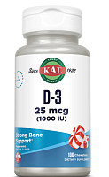 D-3 (Витамин D-3) 25 мкг (1000 МЕ) мята перечная 100 жевательных таблеток (KAL)