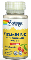 B-12 with Folic Acid (Витамин B-12 с фолиевой кислотой) вишня 1000 мкг 90 леденцов (Solaray)