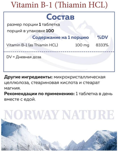 Vitamin B-1 Thiamin HCL водорастворимый 100 таблеток (Norway Nature) фото 2