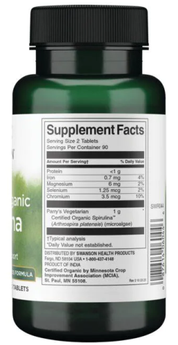 Certified Organic Spirulina (Сертифицированная органическая спирулина 500 мг 180 таблеток (Swanson) фото 2